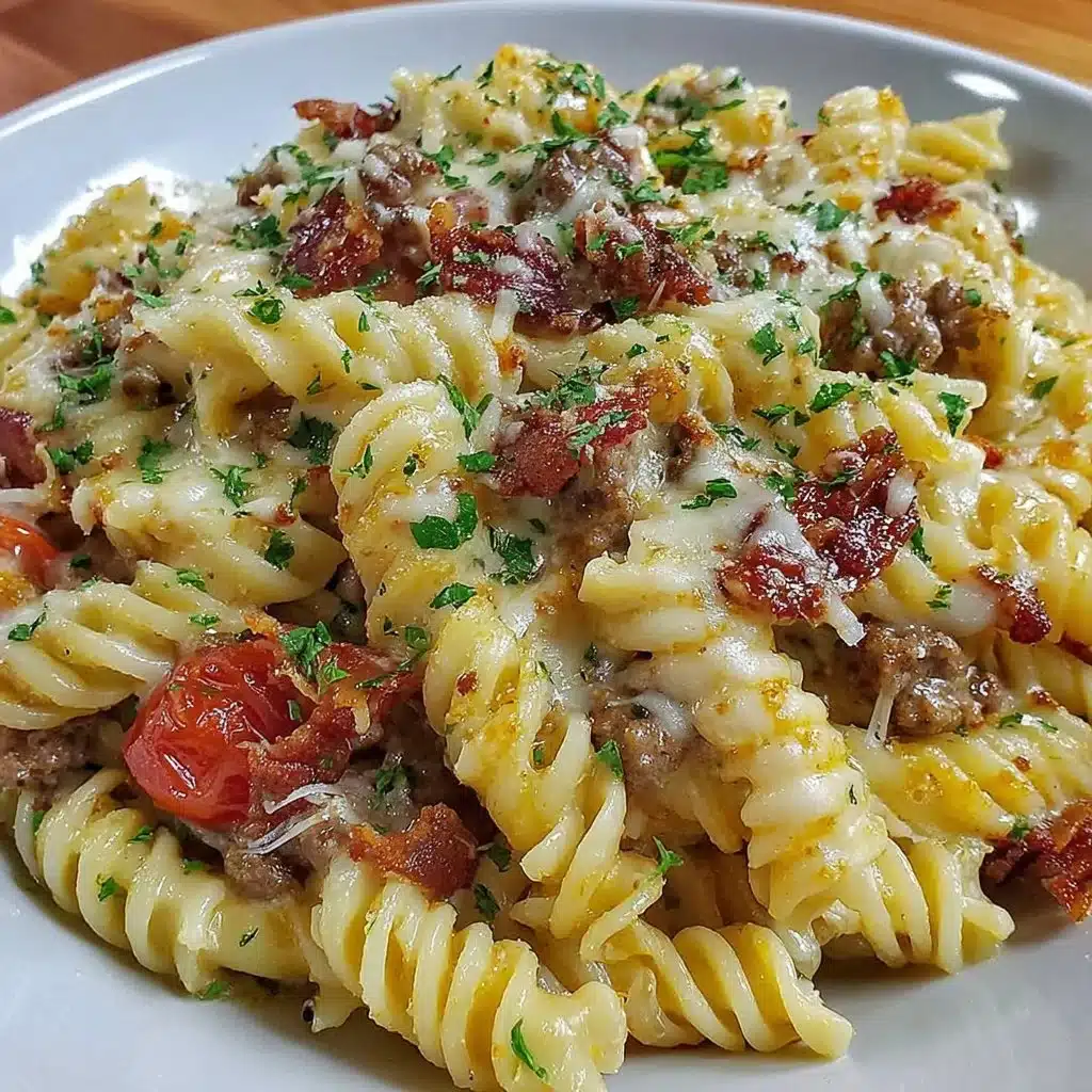 Creamy bacon cheeseburger pasta dish garnished with cheese and bacon.