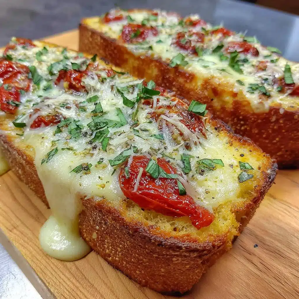 Freshly baked tomato basil garlic bread sliced and ready to serve.