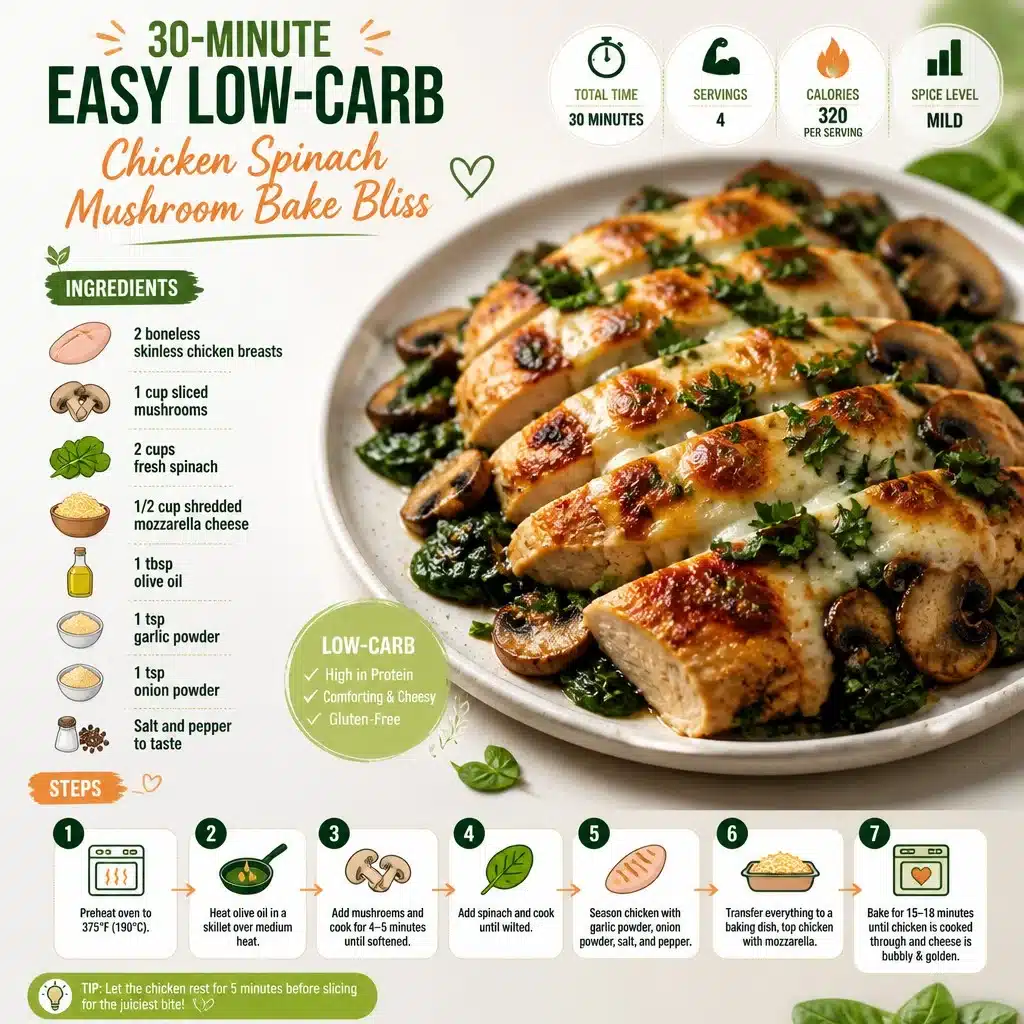 30-Minute Easy Low-Carb Chicken Spinach Mushroom Bake with melted cheese and fresh ingredients.