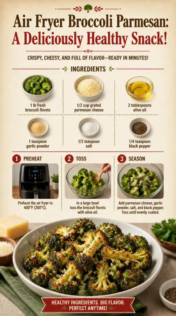 Bowl of air fryer broccoli parmesan garnished with cheese and spices
