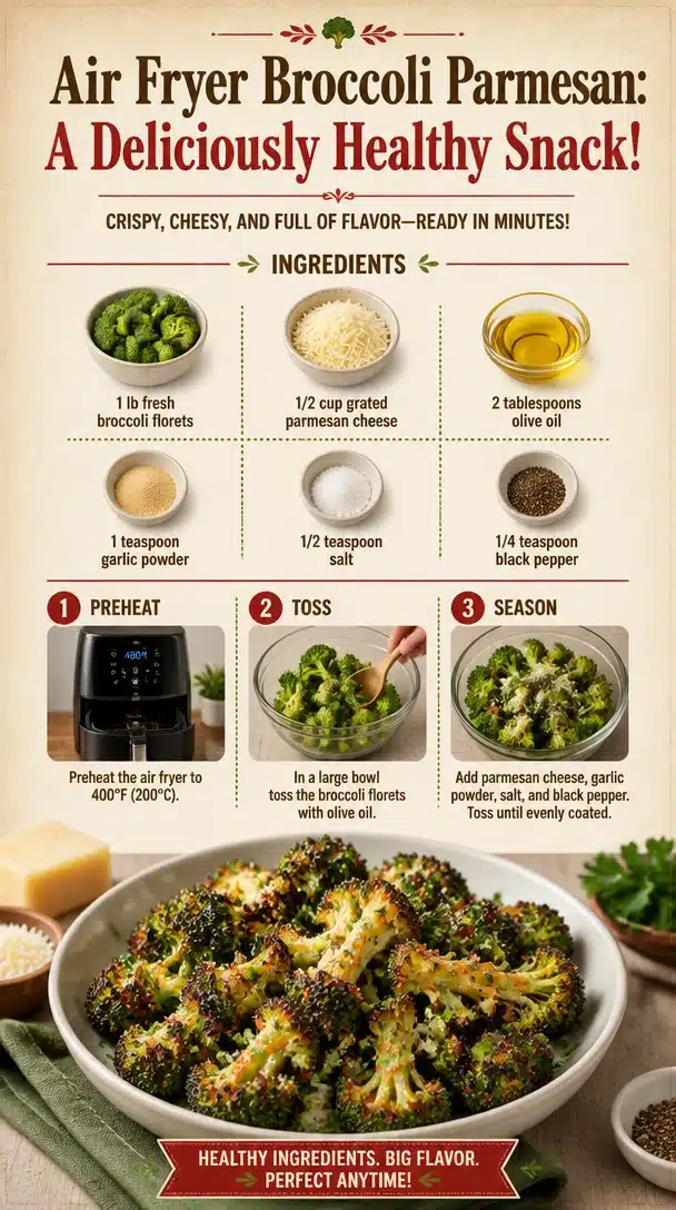 Bowl of air fryer broccoli parmesan garnished with cheese and spices