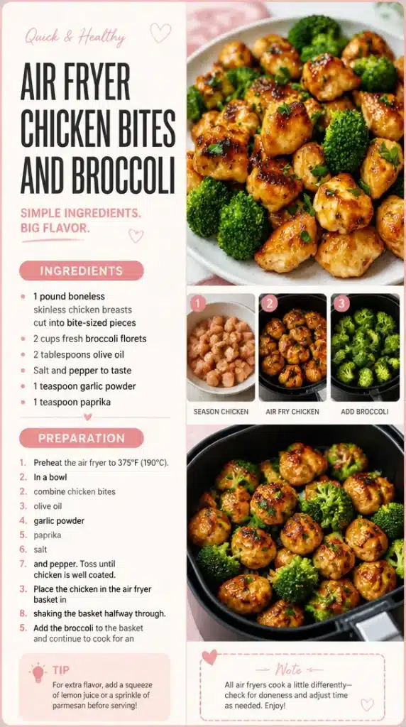 Air fryer chicken bites served with steamed broccoli on a plate