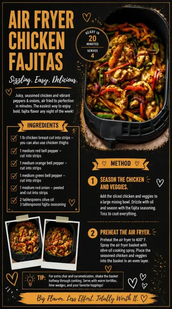 Plate of Air Fryer Chicken Fajitas with colorful veggies and seasonings.