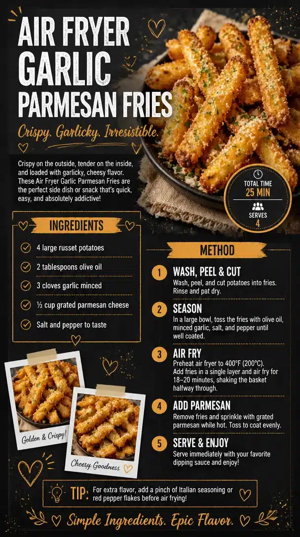 Crispy Air Fryer Garlic Parmesan Fries topped with fresh herbs