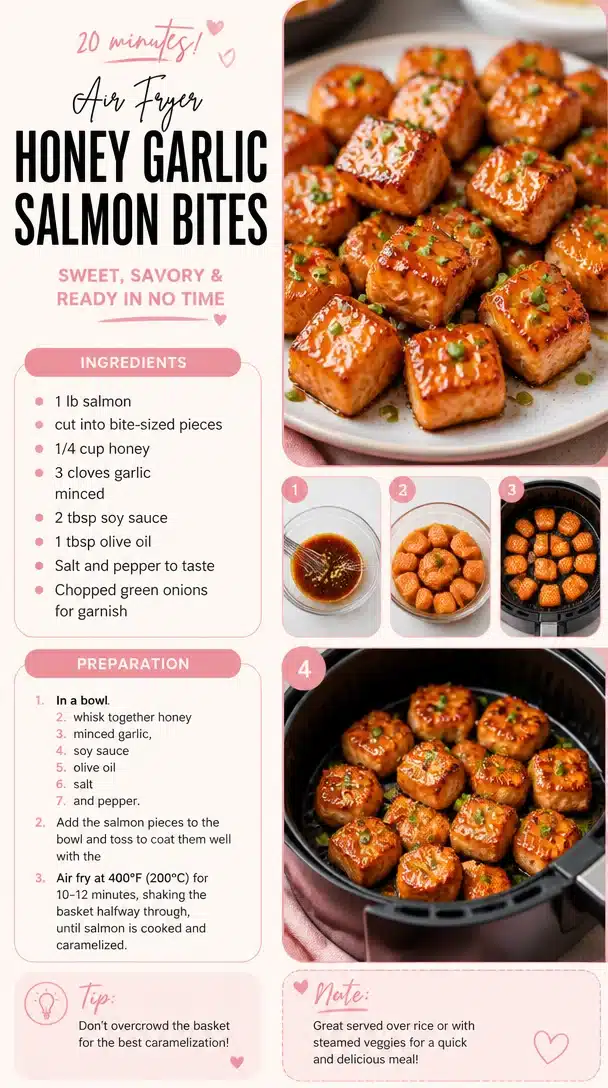 Air Fryer Honey Garlic Salmon Bites served on a plate with herbs