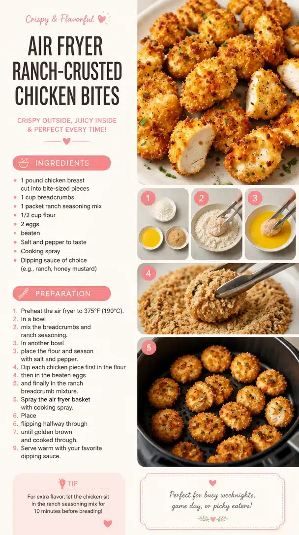 A plate of crispy air fryer ranch-crusted chicken bites, seasoned and golden brown