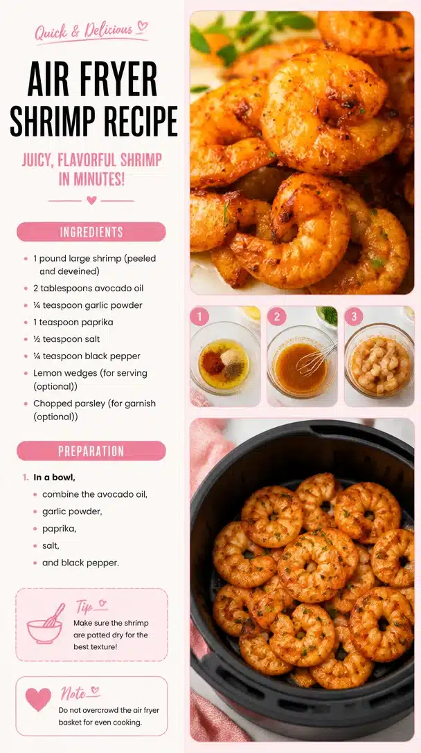 Delicious air fryer shrimp recipe cooking in an air fryer