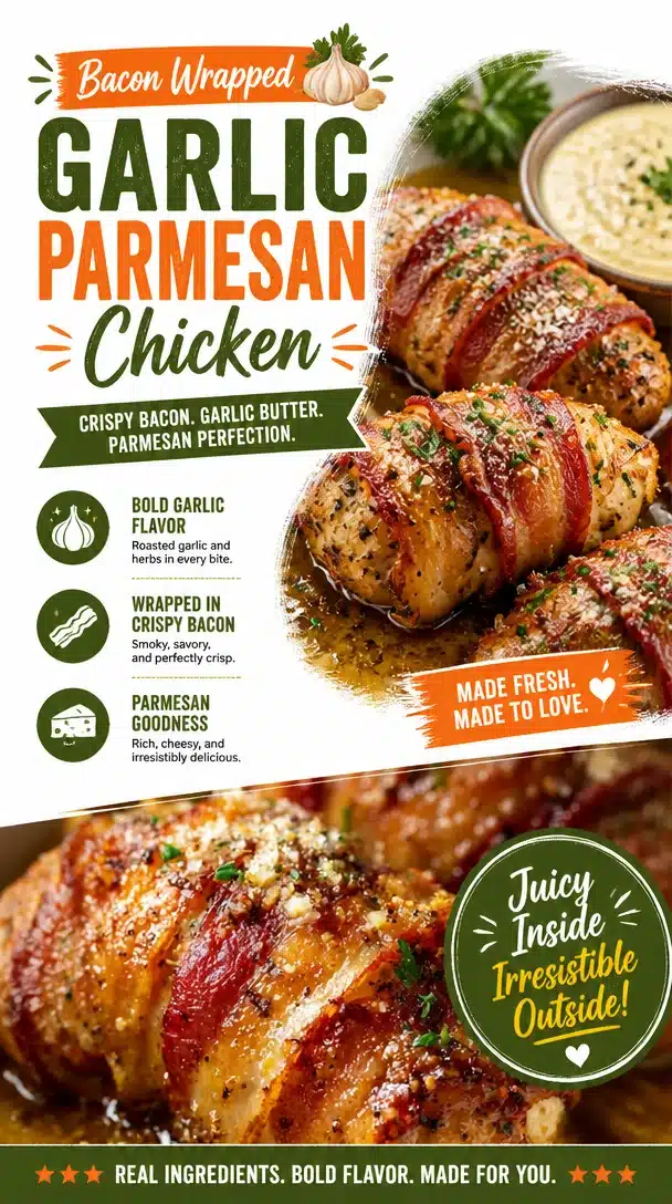 Bacon wrapped garlic parmesan chicken served on a plate