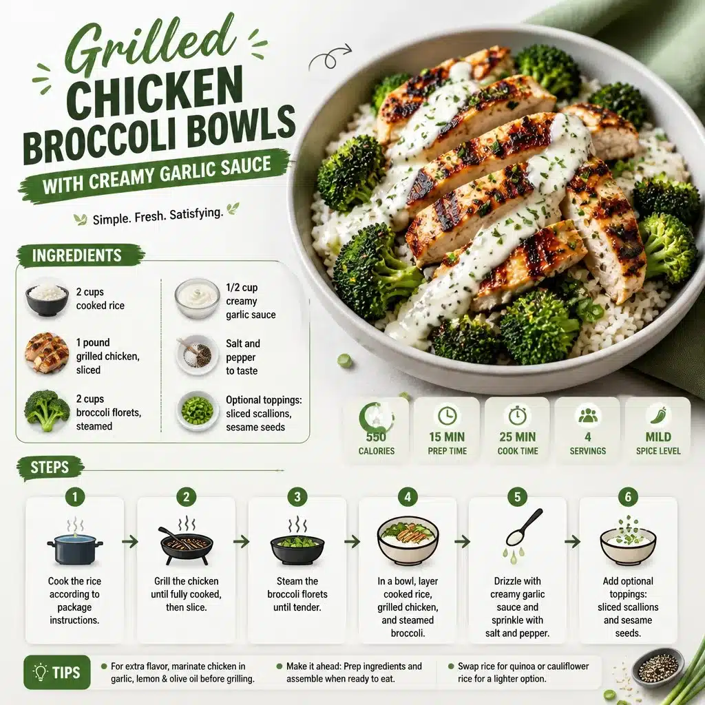 Grilled Chicken Broccoli Bowls with Creamy Garlic Sauce