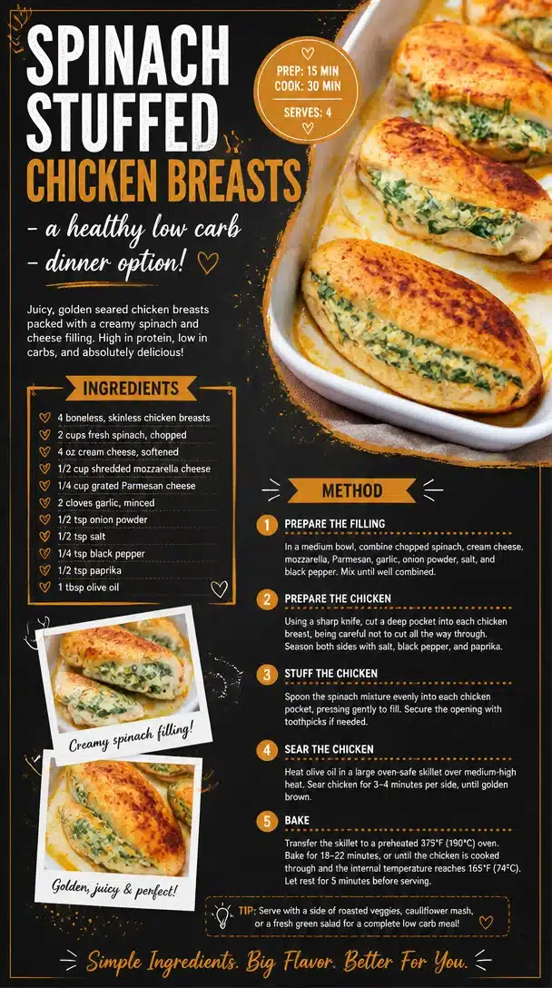 Spinach Stuffed Chicken Breasts - a healthy low carb dinner option!