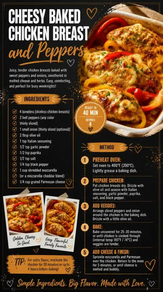 Cheesy baked chicken breast served with colorful peppers on a plate
