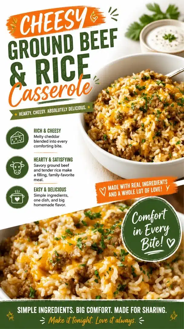 Cheesy ground beef and rice casserole in a baking dish, garnished and ready to serve.