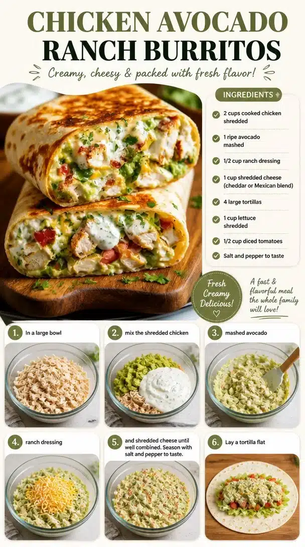 Delicious Chicken Avocado Ranch Burritos filled with creamy avocado and ranch dressing.