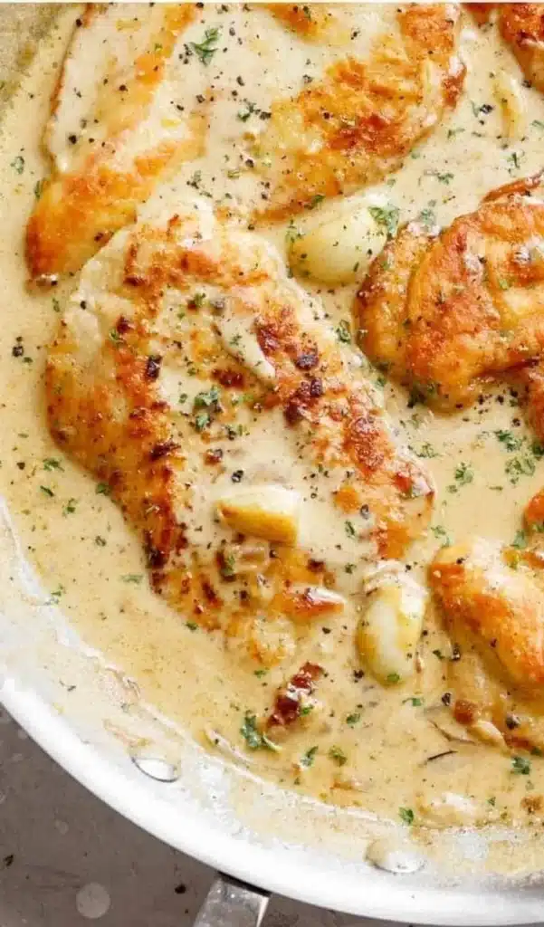 Chicken breasts cooked in a creamy garlic sauce garnished with herbs
