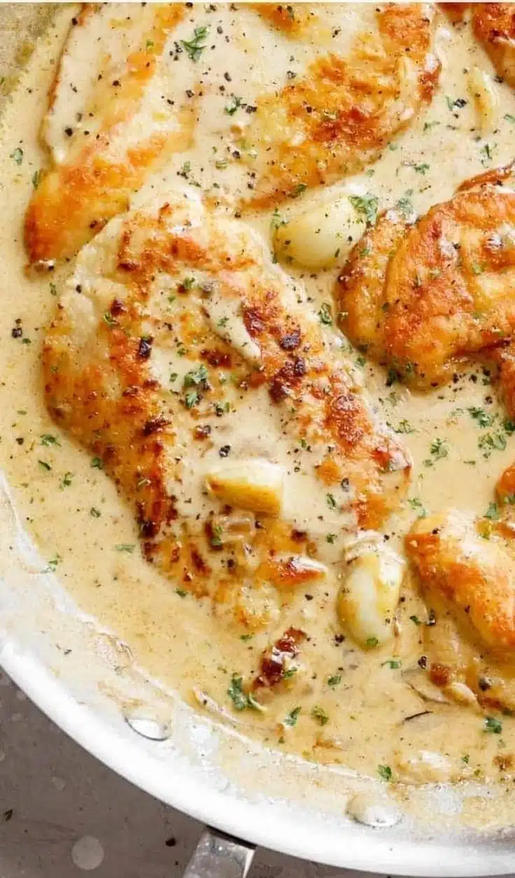 Chicken breasts cooked in a creamy garlic sauce garnished with herbs