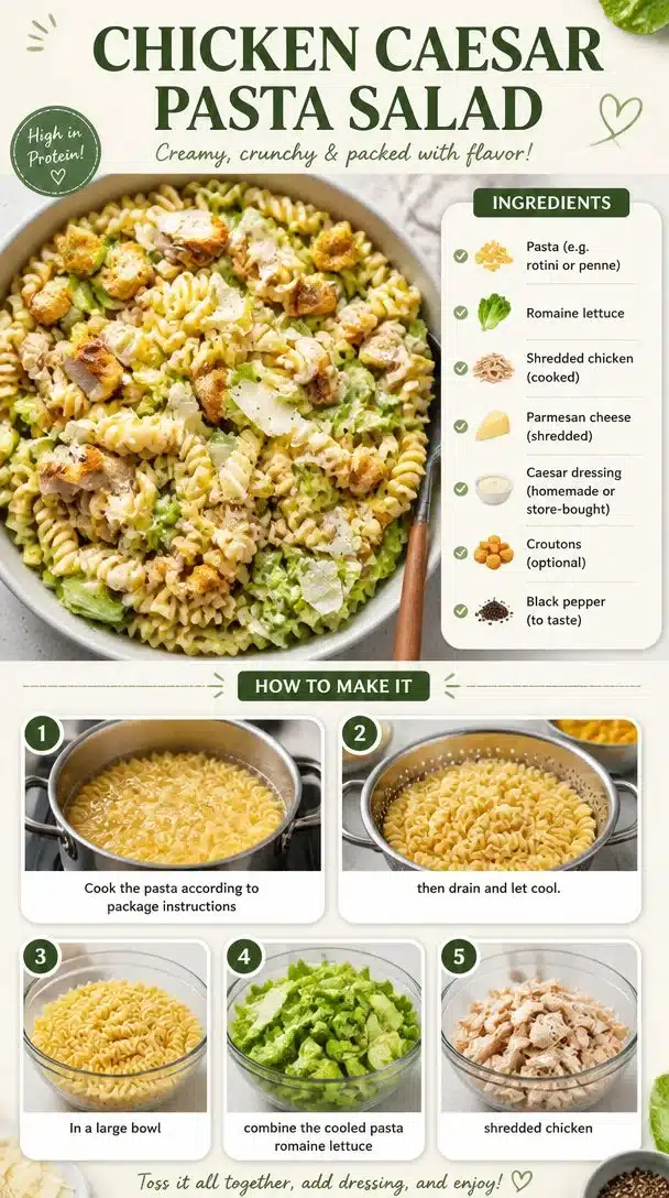 Delicious Chicken Caesar Pasta Salad served in a bowl with fresh ingredients