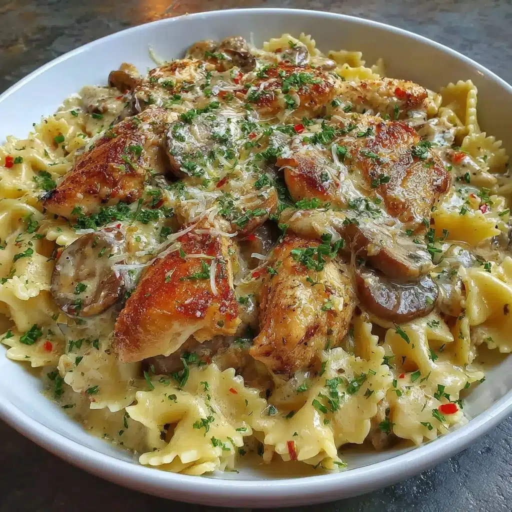 Delicious Chicken Stroganoff served on a plate with noodles and garnished with parsley.