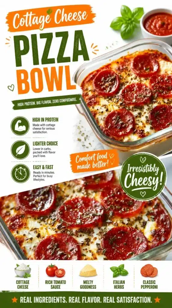 Cottage cheese pizza bowl topped with fresh vegetables and herbs for a cozy fall meal.
