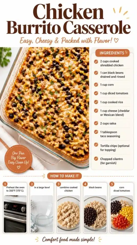 Cozy Chicken Burrito Casserole baked dish topped with cheese and spices