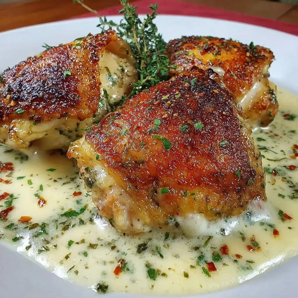 Creamy garlic chicken thighs ready to serve, garnished with herbs.