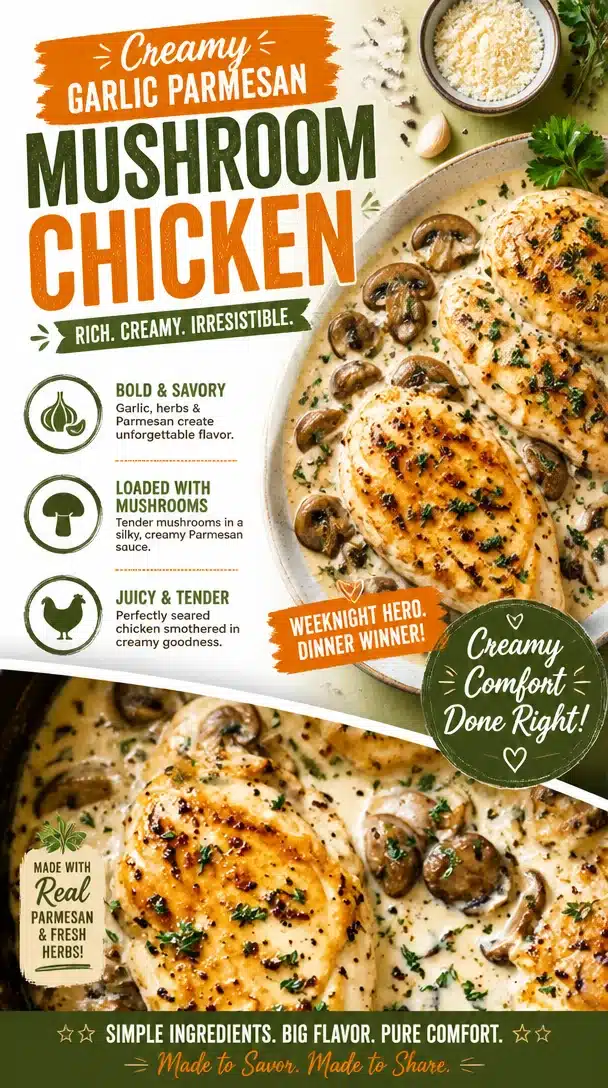 Creamy garlic parmesan chicken with mushrooms served on a plate