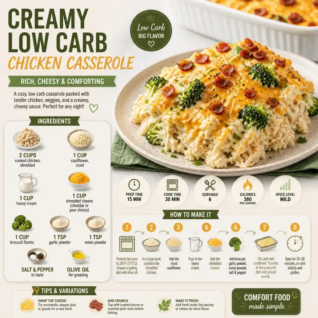 Creamy low carb chicken casserole in a baking dish, garnished with herbs.