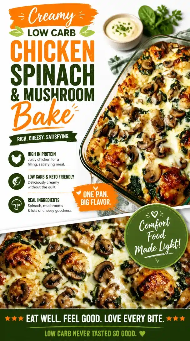 Creamy low carb chicken spinach and mushroom bake in a casserole dish.