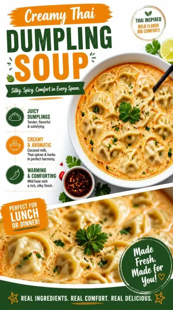 Bowl of creamy Thai dumpling soup with fresh herbs and colorful vegetables