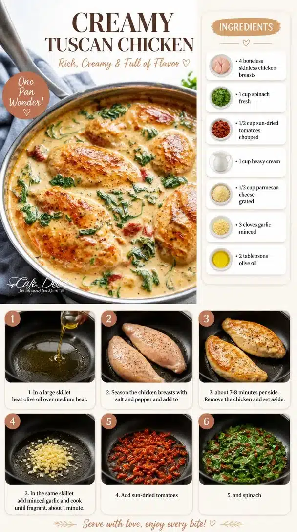 Creamy Tuscan chicken served with spinach and sun-dried tomatoes