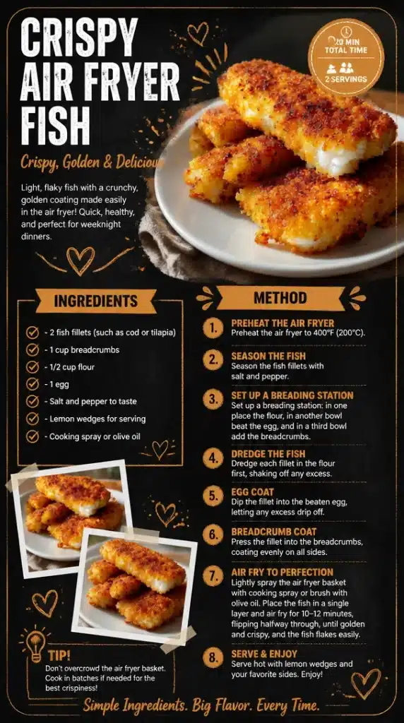 Crispy air fryer fish ready to serve with a side of lemon and vegetables.