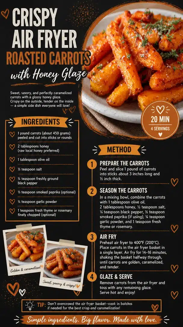 Crispy air fryer roasted carrots drizzled with honey glaze