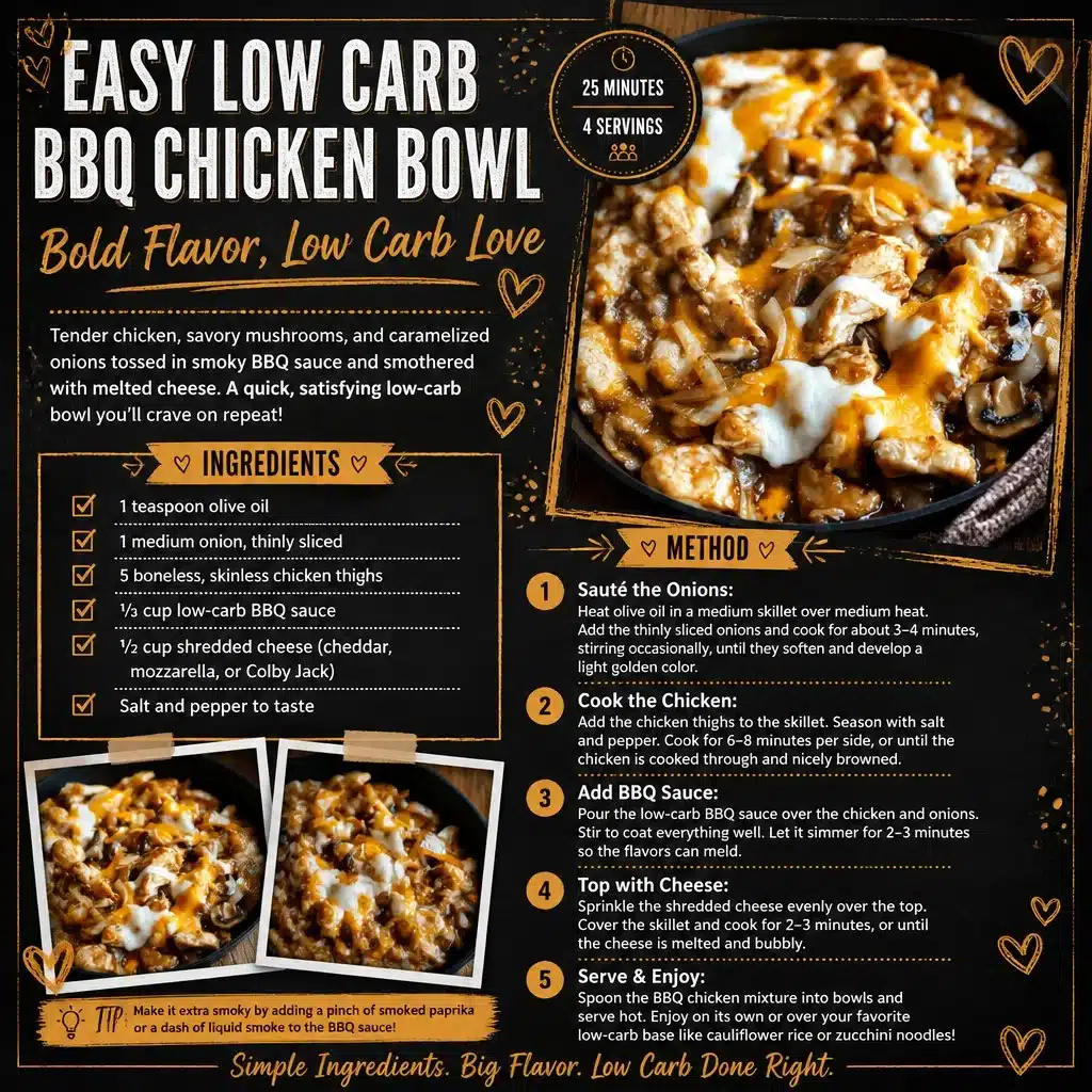 Delicious low carb BBQ chicken bowl with vibrant vegetables and flavorful sauce.
