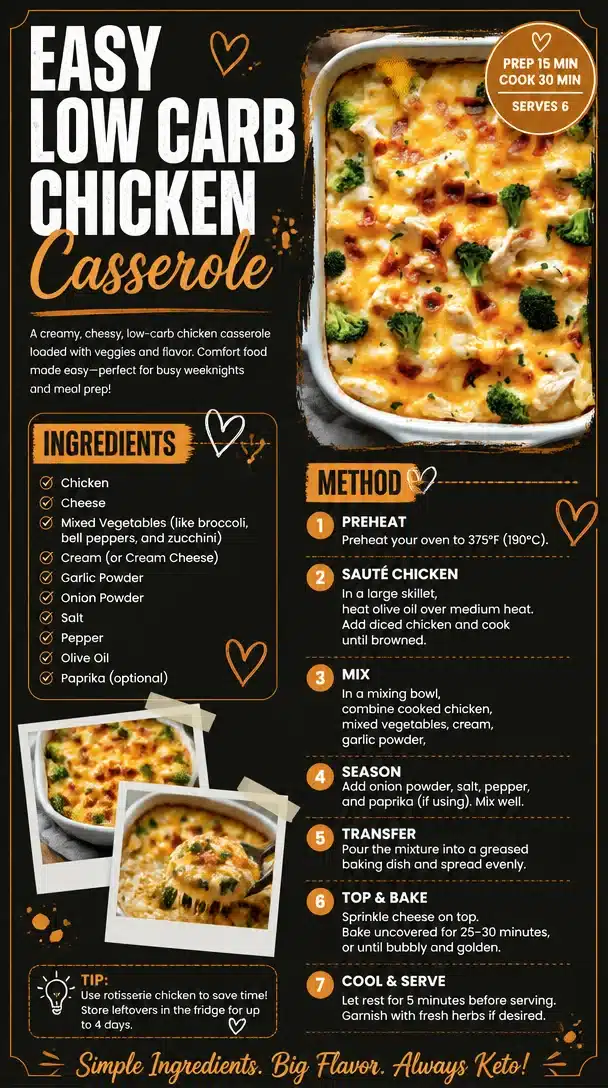 Easy low carb chicken casserole topped with cheese and vegetables, delicious and healthy.