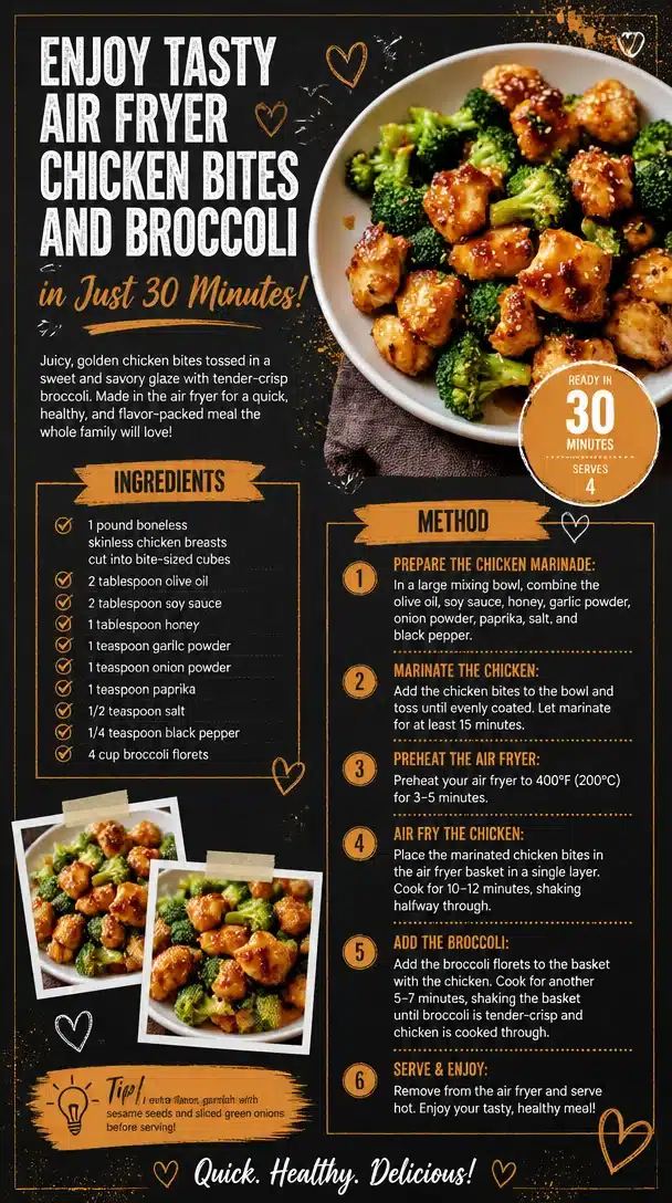Delicious air fryer chicken bites served with steamed broccoli on a plate