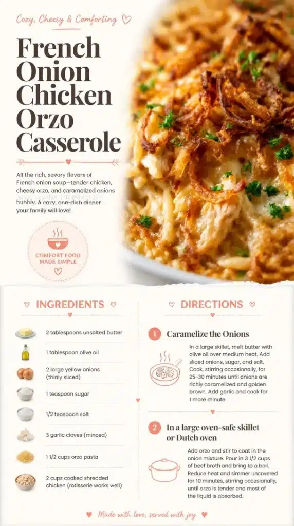 Delicious French Onion Chicken Orzo Casserole topped with melted cheese