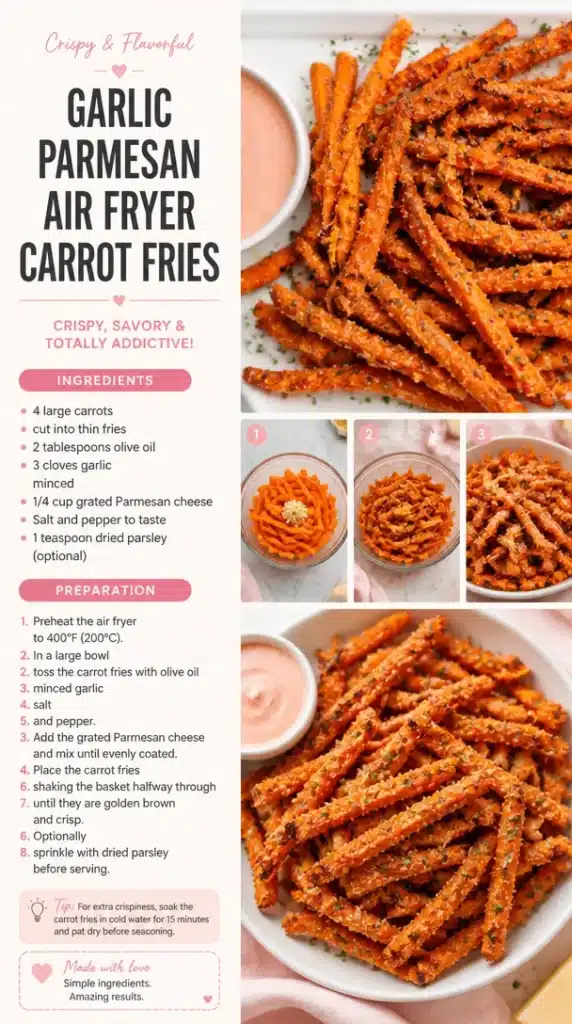 Delicious Garlic Parmesan Air Fryer Carrot Fries on a plate