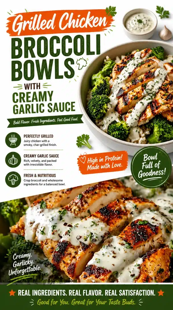 Grilled chicken broccoli bowl with creamy garlic sauce served in a bowl