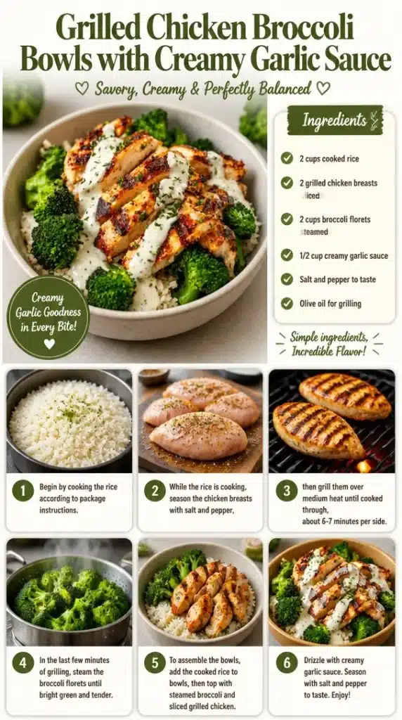 Grilled chicken broccoli bowl topped with creamy garlic sauce