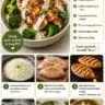 Grilled chicken broccoli bowl topped with creamy garlic sauce