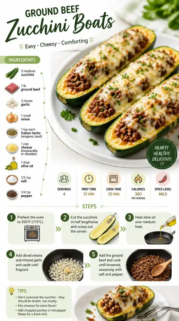 Ground Beef Zucchini Boats filled with seasoned beef and vegetables