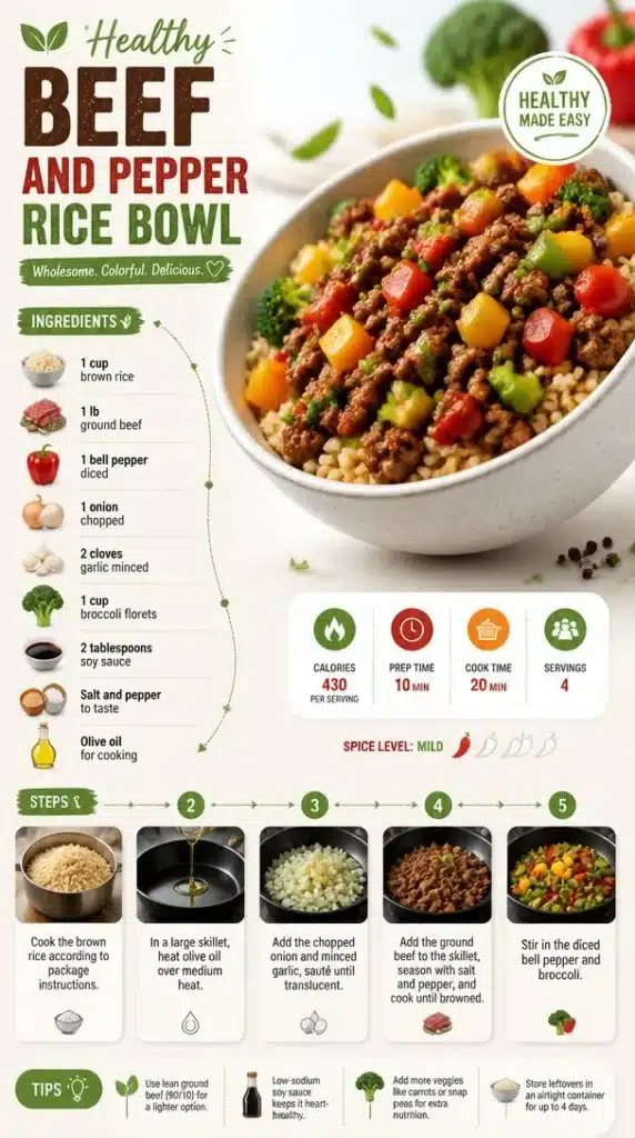 Delicious and healthy beef and pepper rice bowl with colorful vegetables.