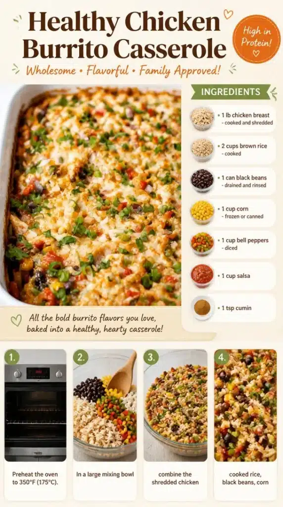 Healthy chicken burrito casserole topped with fresh ingredients and spices