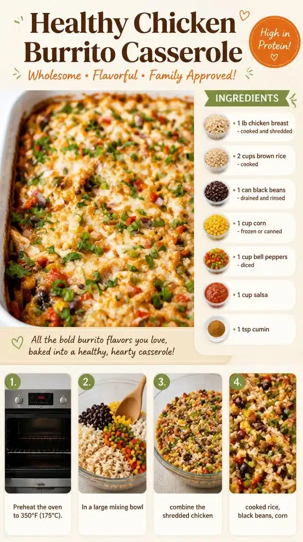 Healthy chicken burrito casserole topped with fresh ingredients and spices