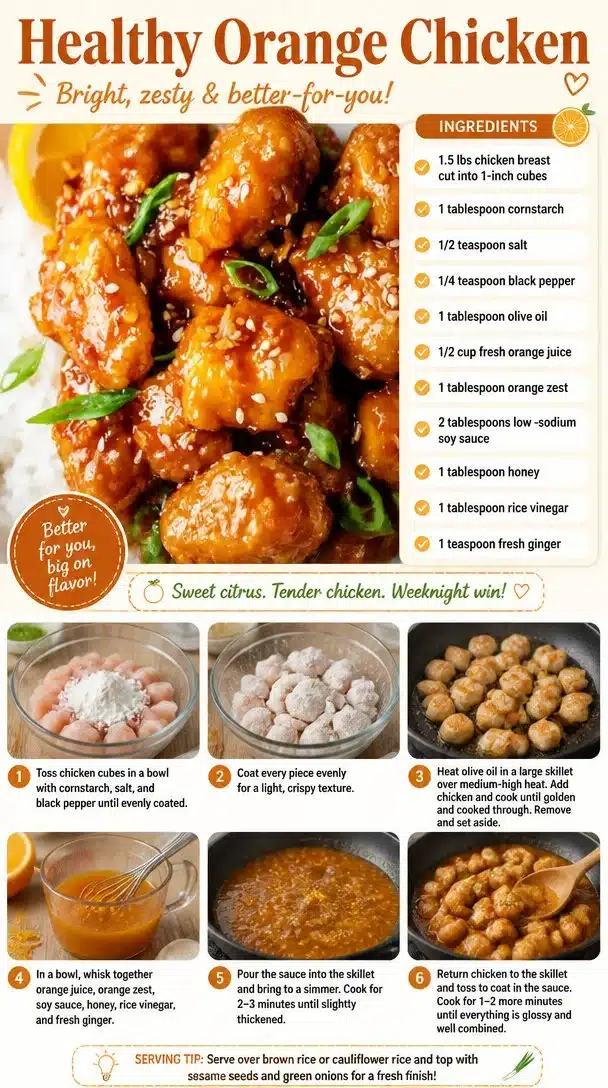 Healthy orange chicken dish served with vegetables and rice.