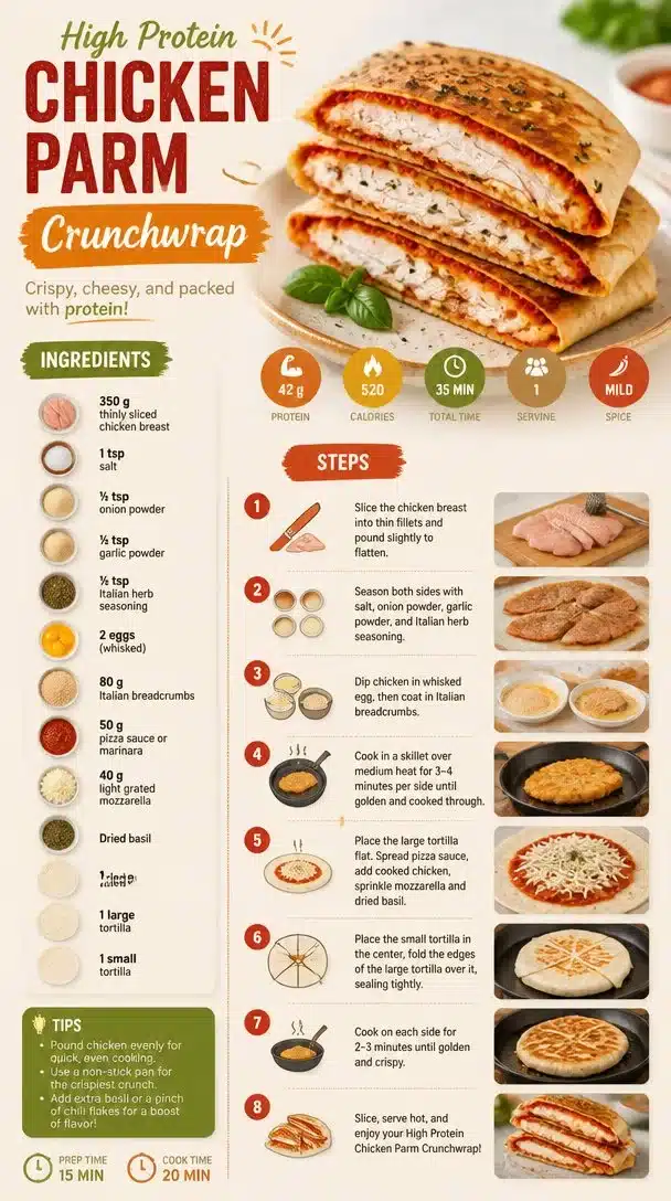High Protein Chicken Parm Crunchwrap with chicken, cheese, and crunchy ingredients.