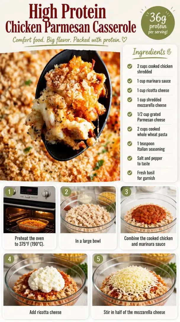 High protein chicken parmesan casserole served on a plate