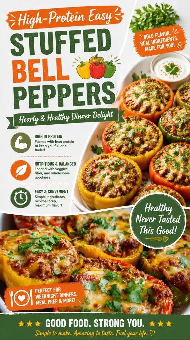 High-protein stuffed bell peppers on a plate, a healthy dinner option.