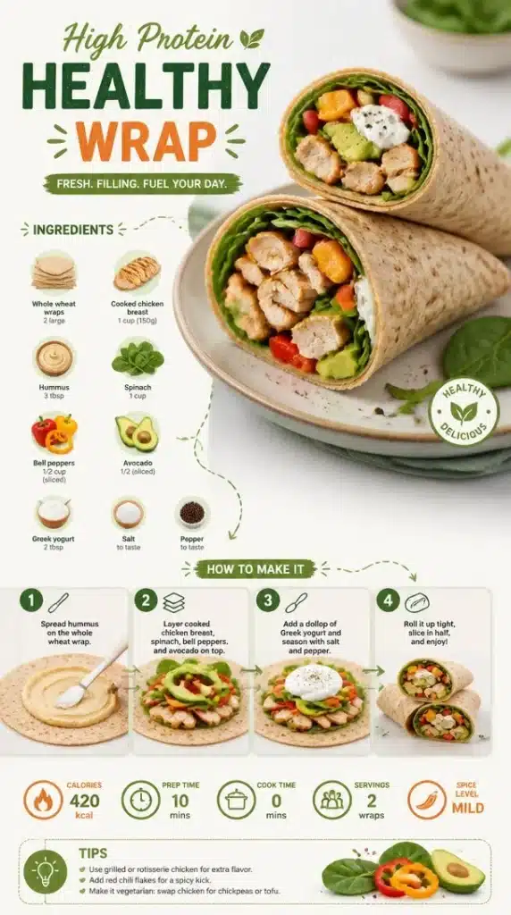 A delicious high protein healthy wrap filled with fresh ingredients, perfect for meals.