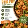High-protein shrimp stir fry with colorful vegetables and noodles in a pan.