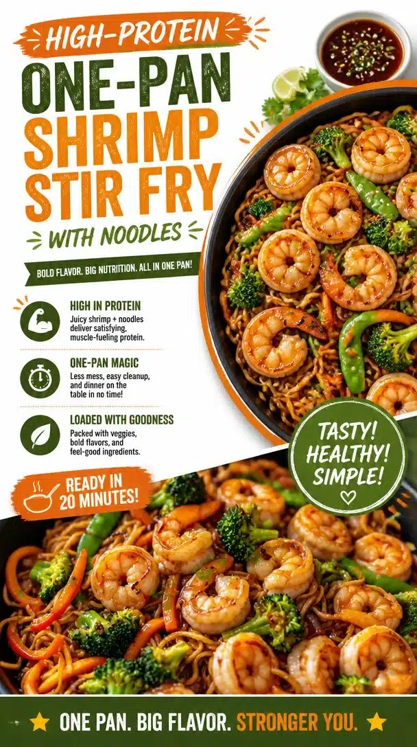 High-protein shrimp stir fry with colorful vegetables and noodles in a pan.